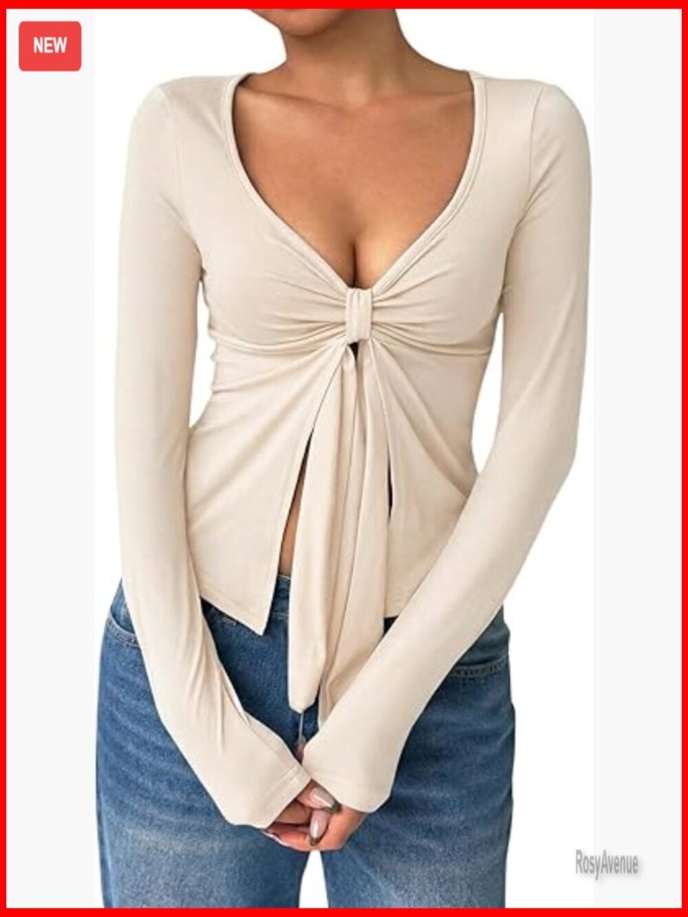 Long Sleeve Knot Front V Neck T-Shirt Tunic Crop Top